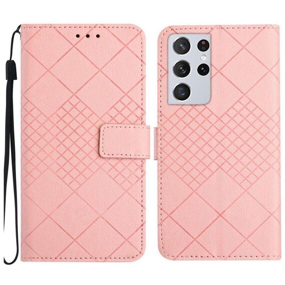 Custodia per telefono in pelle con texture a griglia rombica per Samsung Galaxy S21 Ultra 5G (rosa)