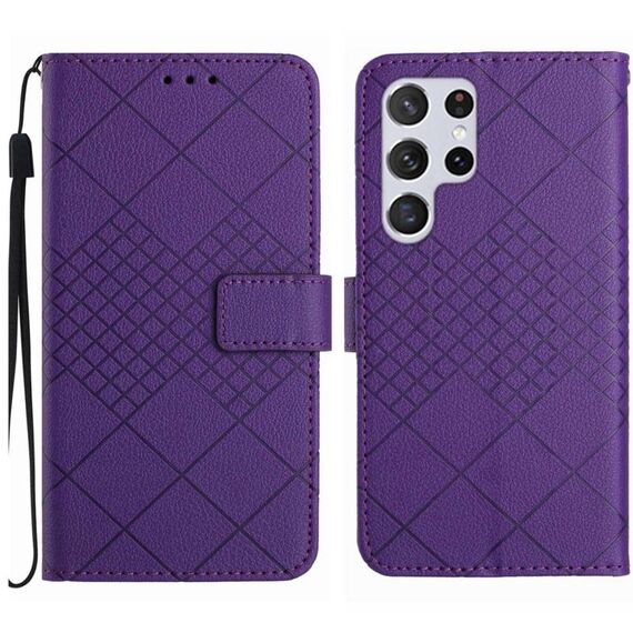 Custodia per telefono in pelle con trama a griglia rombica per Samsung Galaxy S22 Ultra 5G (viola)