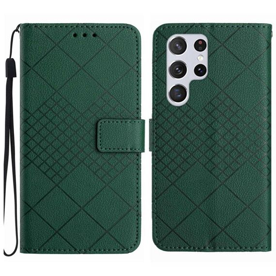 Custodia per telefono in pelle con texture a griglia rombica per Samsung Galaxy S22 Ultra 5G (verde)