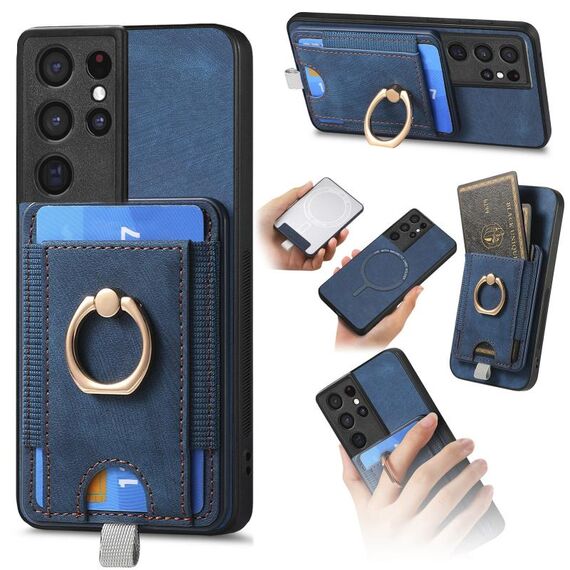 Per Samsung Galaxy S21 Ultra 5G Custodia per telefono in pelle con borsa magnetica divisibile retrò (blu)