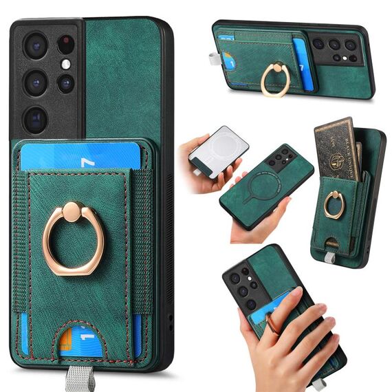 Per Samsung Galaxy S21 Ultra 5G Custodia per telefono in pelle con borsa magnetica divisibile retrò (verde)