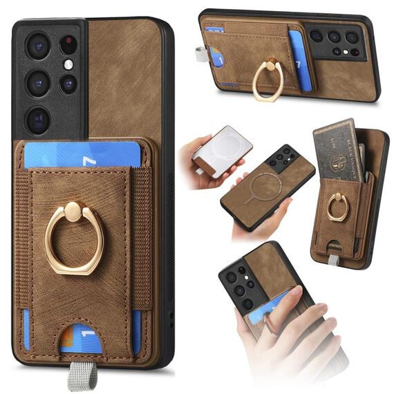 Per Samsung Galaxy S22 Ultra 5G Custodia per telefono in pelle con porta carte magnetiche retrò divisibile (marrone)