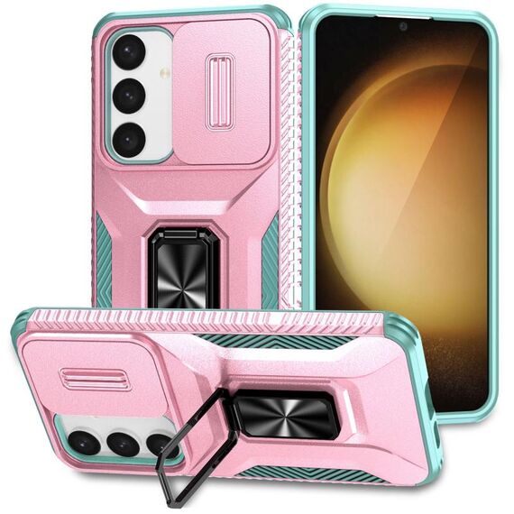 Per Samsung Galaxy S24 5G Custodia per telefono con supporto scorrevole Camshield (rosa + grigio verde)