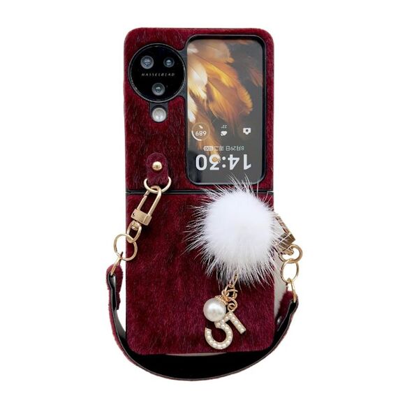 Per OPPO Find N3 Custodia in peluche per PC Flip con cordino (rosso vino)