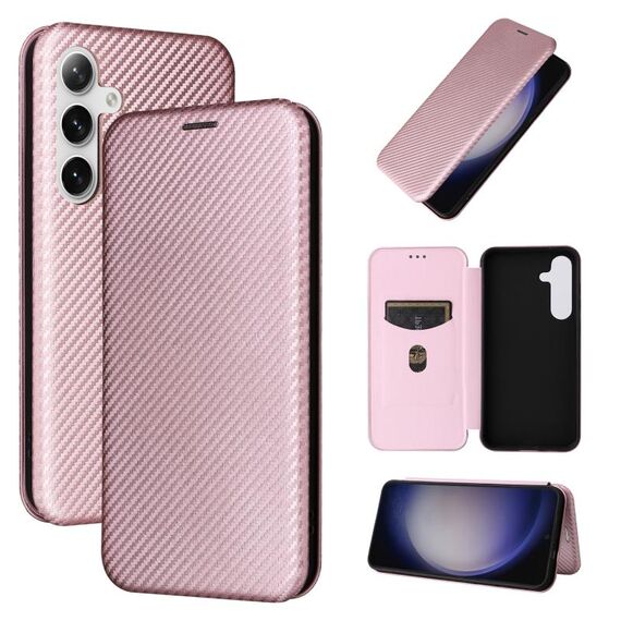 Custodia per cellulare in pelle flip con texture in fibra di carbonio per Samsung Galaxy S24 5G (rosa)