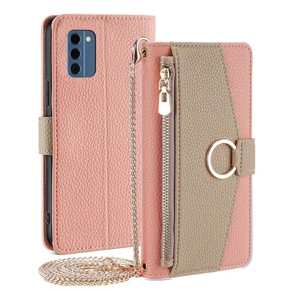 Per Nokia C300 4G Custodia a tracolla in pelle con trama litchi (rosa)