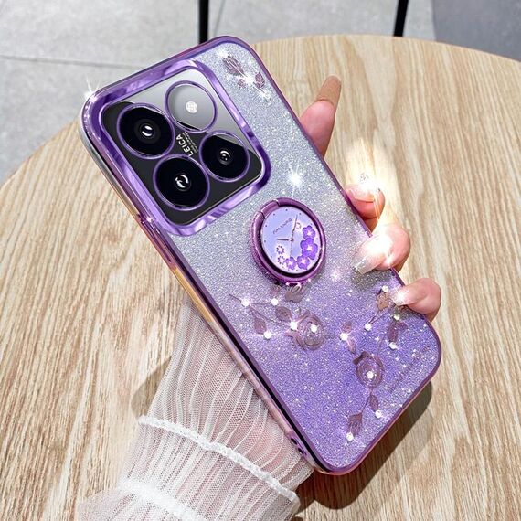 Custodia per telefono all-inclusive con anello floreale immortale con glitter sfumato Xiaomi 14 (viola)