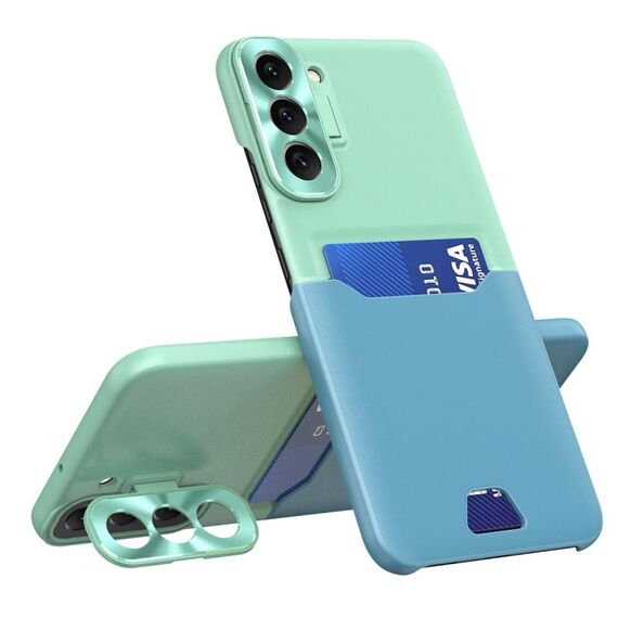Per Samsung Galaxy S22 5G Custodia per telefono con supporto per obiettivo invisibile bicolore (verde menta + blu)