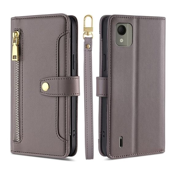 Custodia per cellulare in pelle con cerniera a tracolla per Nokia C110 4G Lite (grigio)