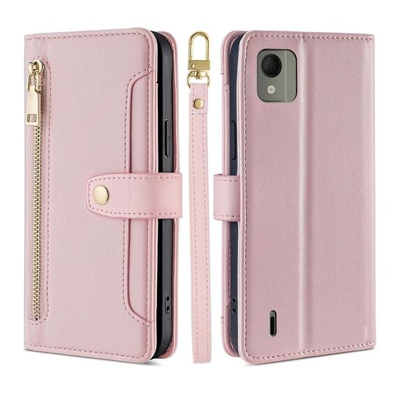 Custodia per cellulare in pelle con cerniera a tracolla per Nokia C110 4G Lite (rosa)