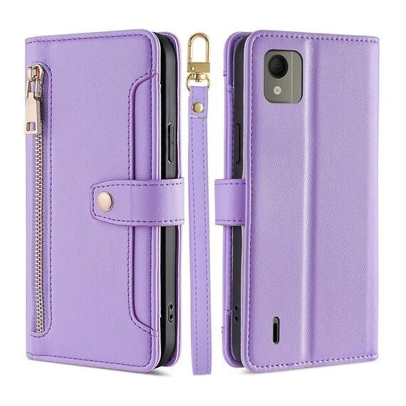 Custodia per telefono in pelle con cerniera a tracolla per Nokia C110 4G Lite (viola)
