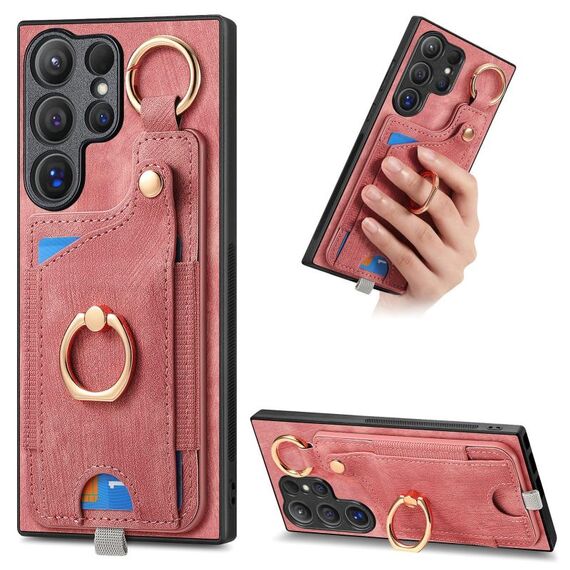 Per Samsung Galaxy S22 Ultra 5G Custodia per telefono con sacchetto per carte ad anello effetto pelle retrò con anello per appendere (rosa)