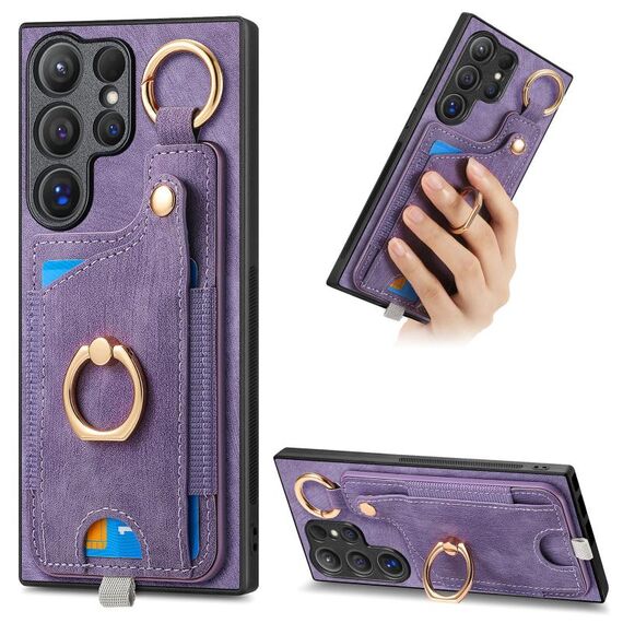 Per Samsung Galaxy S22 Ultra 5G Custodia per telefono con sacchetto per carte ad anello effetto pelle retrò con anello per appendere (viola)