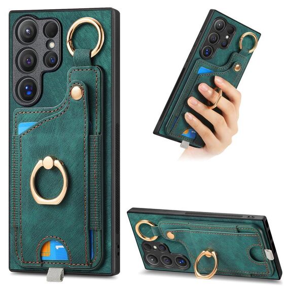 Per Samsung Galaxy S22 Ultra 5G Custodia per telefono con sacchetto per carte ad anello retro skin-feel con anello per appendere (verde)