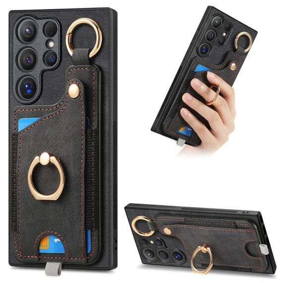 Per Samsung Galaxy S22 Ultra 5G Custodia per telefono con sacchetto per carte ad anello effetto pelle retrò con anello per appendere (nero)
