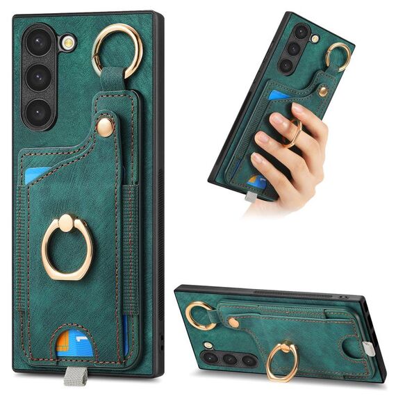 Per Samsung Galaxy S23+ 5G Custodia per telefono con sacchetto per carte ad anello retrò con sensazione di pelle e anello per appendere (verde)