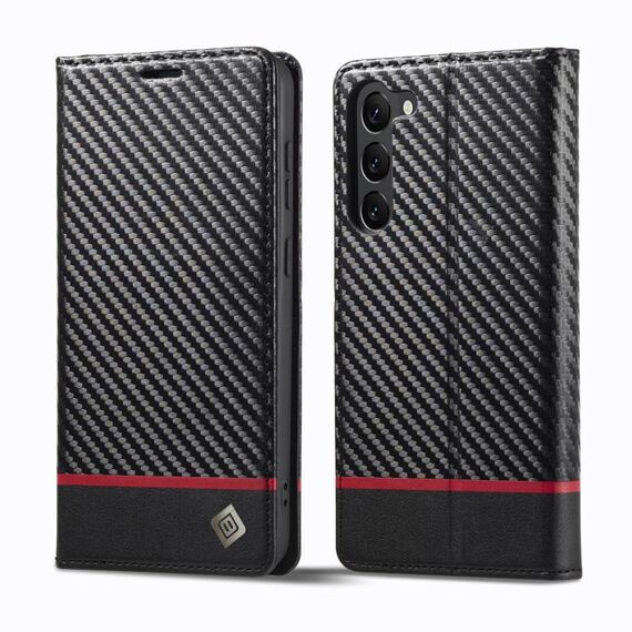 Per Samsung Galaxy S24 5G LC.IMEEKE Custodia per telefono in pelle in fibra di carbonio (nero orizzontale)