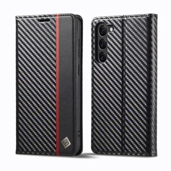 Per Samsung Galaxy S24+ 5G LC.IMEEKE Custodia per telefono in pelle in fibra di carbonio (nera verticale)
