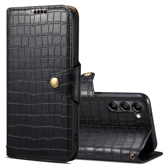 Custodia per telefono in pelle con bordo olio per Samsung Galaxy S23+ Denior coccodrillo (nero)