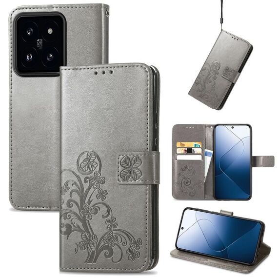 Per la custodia del telefono in pelle goffrata con chiusura a quattro foglie Xiaomi 14 Pro (grigio)
