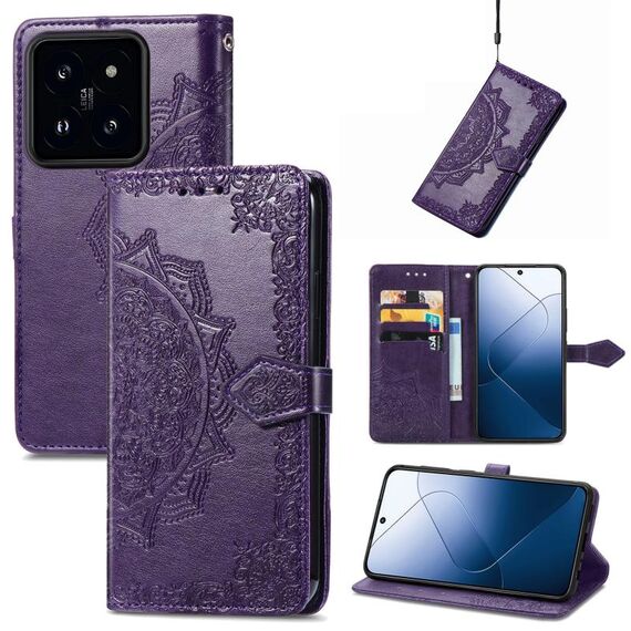 Custodia per telefono in pelle goffrata con fiori Mandala per Xiaomi 14 Pro (viola)