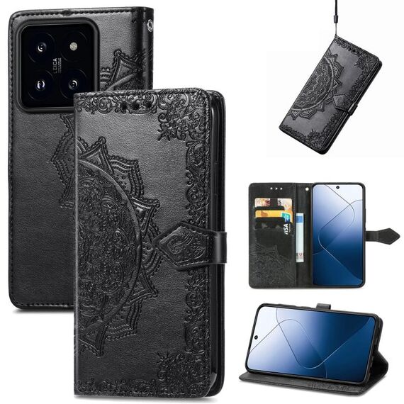 Per Xiaomi 14 Pro Custodia per telefono in pelle con motivo floreale mandala in rilievo (nera)