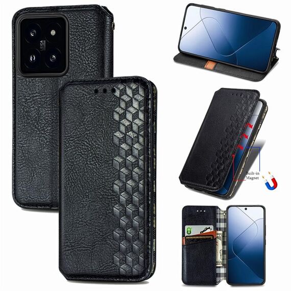 Per Xiaomi 14 Pro Custodia per telefono in pelle magnetica pressata con griglia cubica (nera)