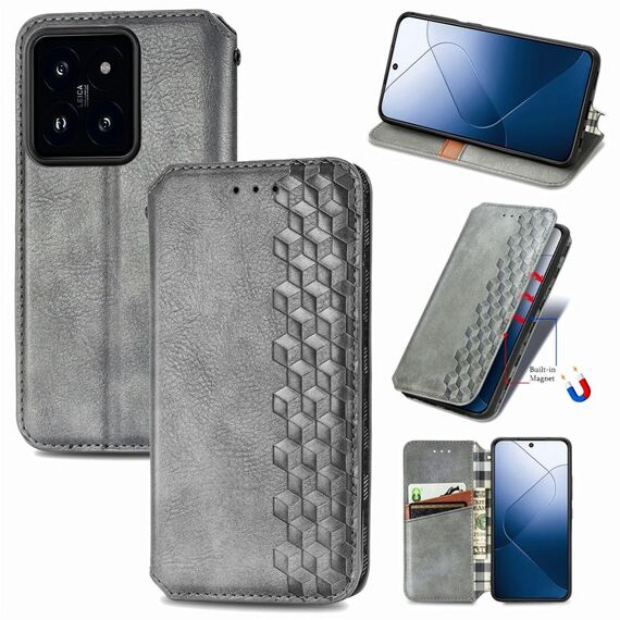 Custodia per telefono in pelle magnetica pressata con griglia cubica per Xiaomi 14 Pro (grigio)