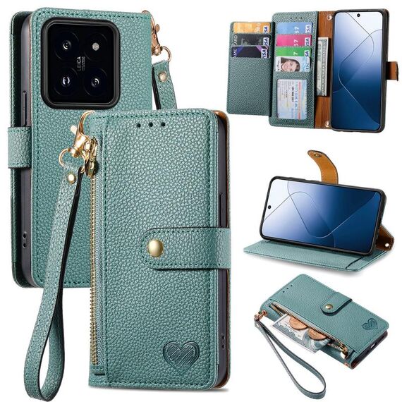Per Xiaomi 14 Love Custodia per cellulare in pelle con cordino con cerniera (verde)