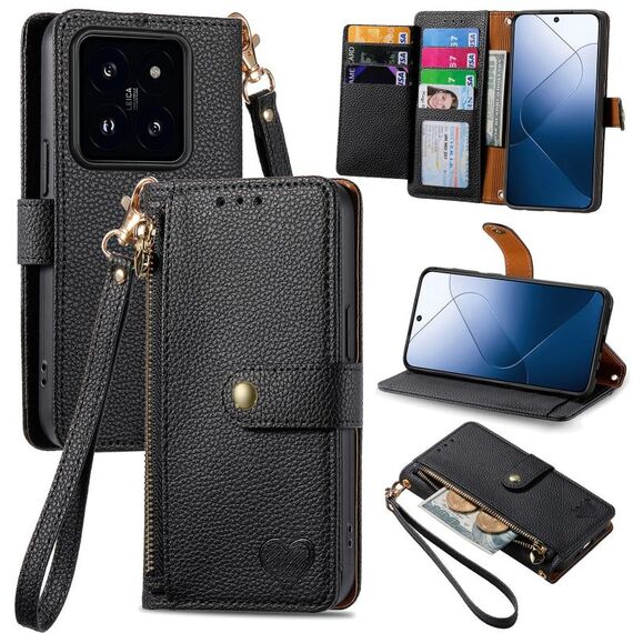 Per Xiaomi 14 Love Custodia per cellulare in pelle con cordino con cerniera (nera)