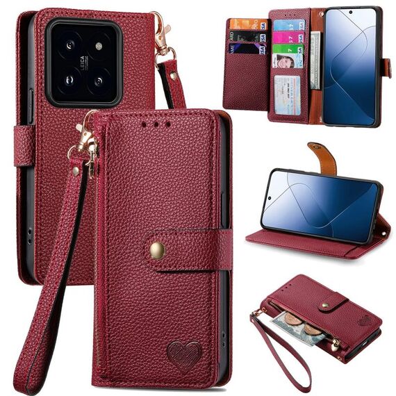 Per Xiaomi 14 Love Custodia per cellulare in pelle con cordino con cerniera (rossa)