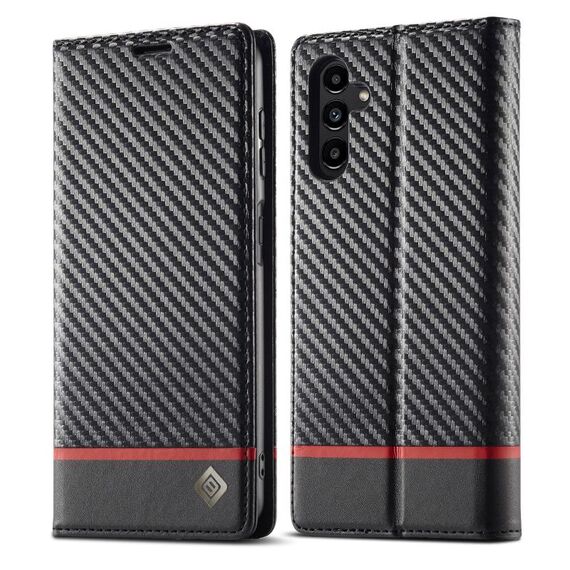 Per Samsung Galaxy A15 LC.IMEEKE Custodia per telefono in pelle in fibra di carbonio (nero orizzontale)