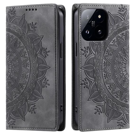 Custodia per telefono in pelle magnetica goffrata Xiaomi 14 Pro Totem (grigia)