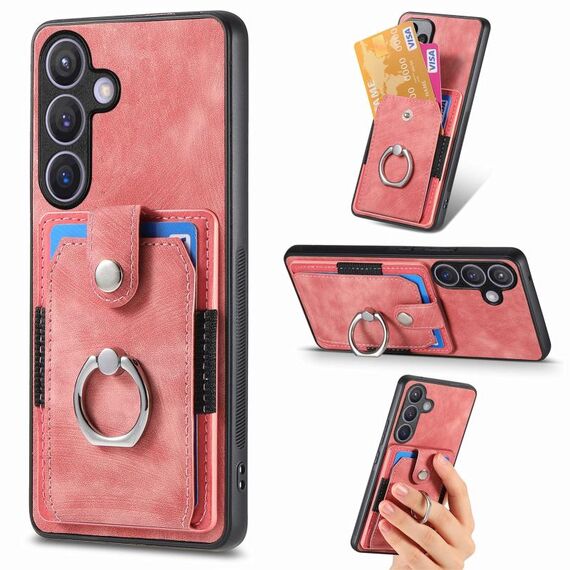 Per Samsung Galaxy S24+ 5G Custodia per telefono a portafoglio con carta ad anello effetto pelle retrò (rosa)