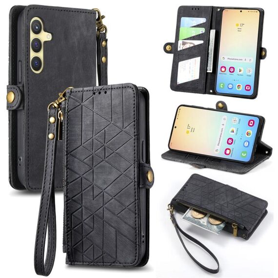 Custodia per telefono in pelle con fibbia laterale con cerniera geometrica per Samsung Galaxy S24 5G (nera)