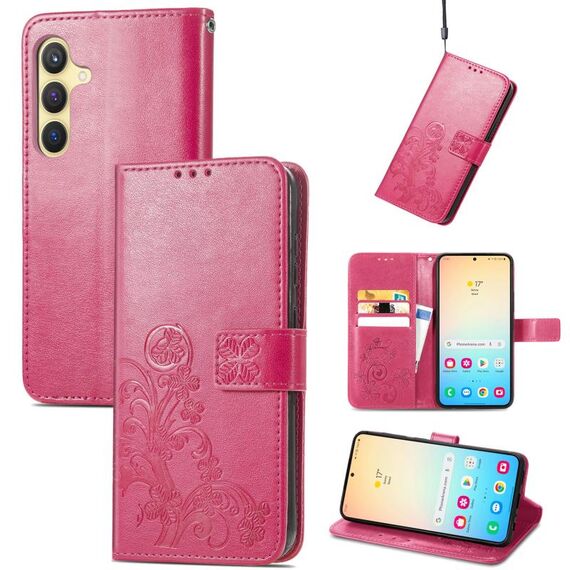 Per Samsung Galaxy S24 5G Custodia in pelle con fibbia a quattro foglie con fibbia in rilievo (Magenta)