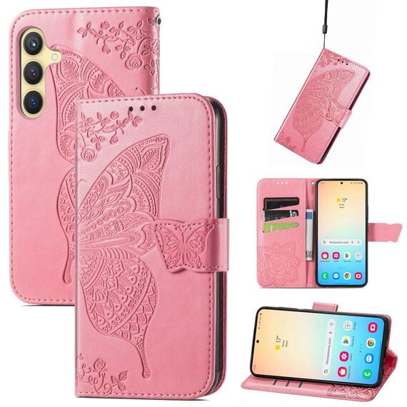 Per Samsung Galaxy S24+ 5G Custodia per cellulare in pelle goffrata con fiori d'amore farfalla (rosa)