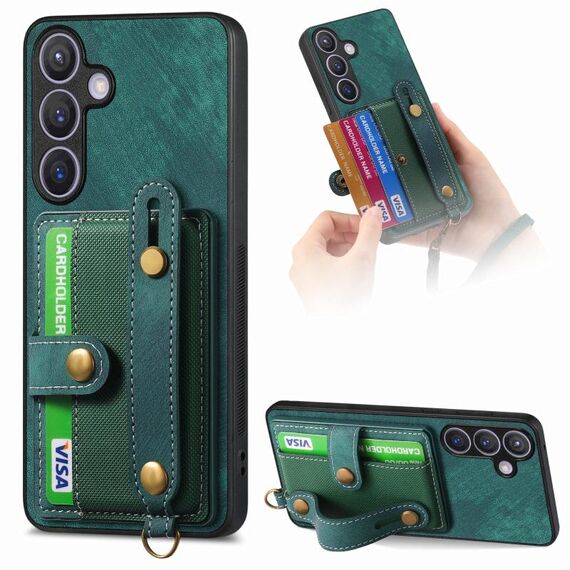 Custodia per telefono posteriore in pelle con cinturino incrociato retrò per Samsung Galaxy S24 5G (verde)