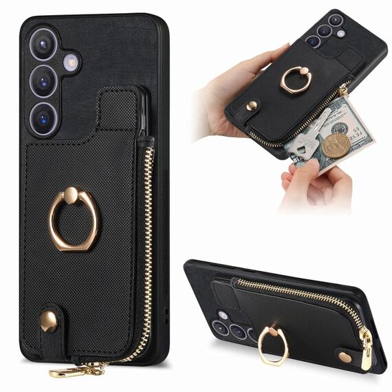 Custodia per telefono posteriore con cerniera verticale con anello in pelle incrociata per Samsung Galaxy S24 5G (nero)
