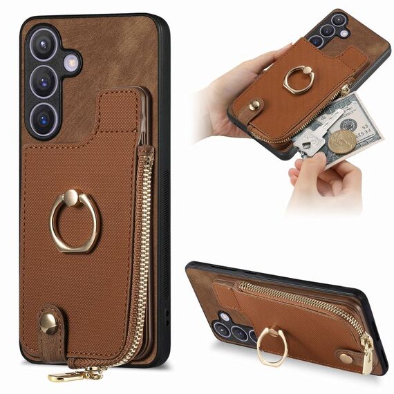 Per Samsung Galaxy S24+ 5G Custodia per telefono con cerniera verticale con anello in pelle incrociata (marrone)
