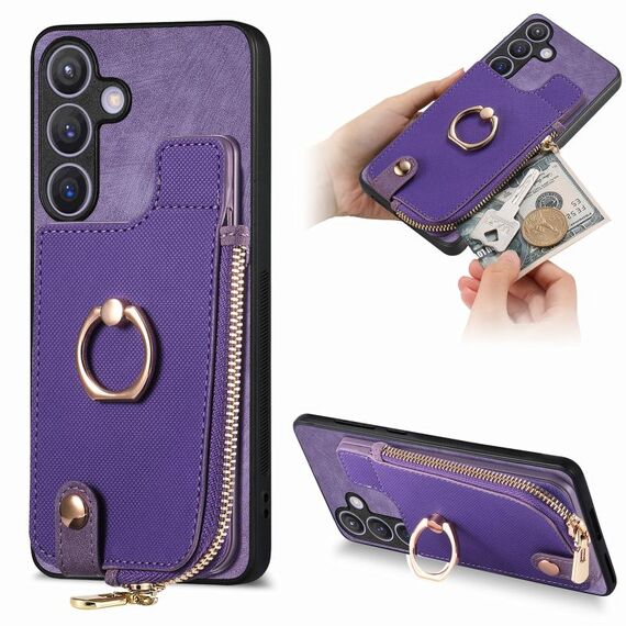 Custodia per telefono posteriore con cerniera verticale con anello in pelle incrociata per Samsung Galaxy S24+ 5G (viola)