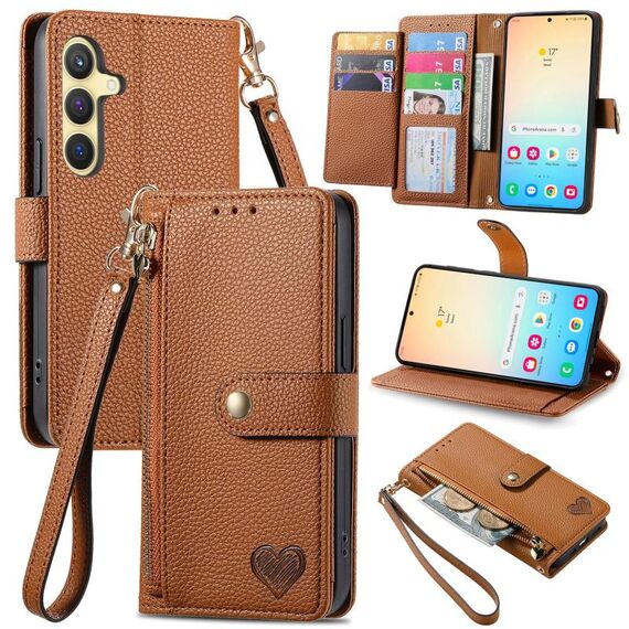 Custodia per telefono in pelle con cordino e cerniera Love per Samsung Galaxy S24+ 5G (marrone)