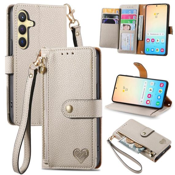 Custodia per telefono in pelle con cordino e cerniera Love per Samsung Galaxy S24+ 5G (grigio)