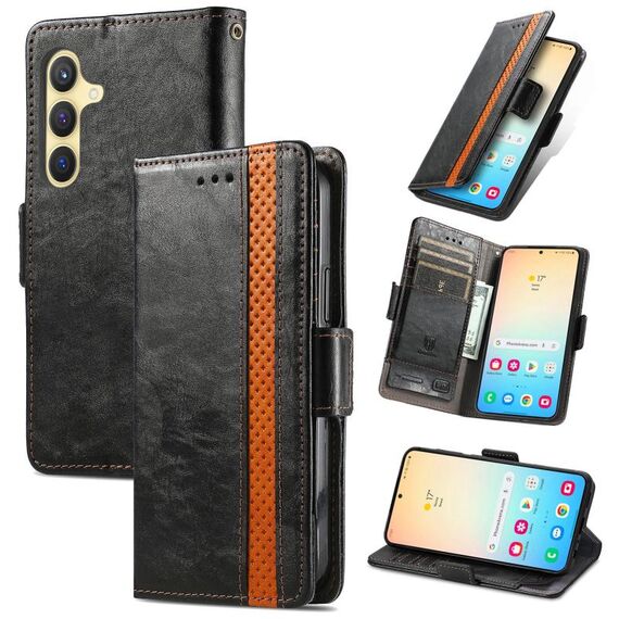 Per Samsung Galaxy S24+ 5G Custodia Neo Splicing Custodia in pelle con doppia fibbia magnetica (Nero)