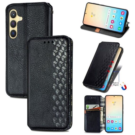 Custodia per telefono in pelle magnetica pressata a griglia cubica per Samsung Galaxy S24 5G (nera)