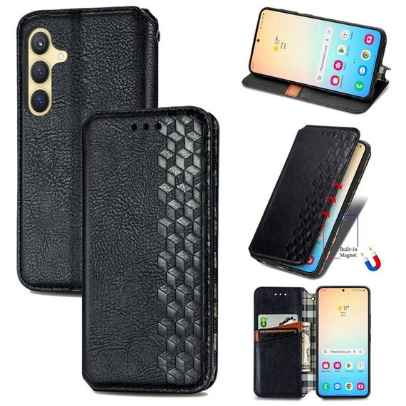 Custodia per telefono in pelle magnetica pressata a griglia cubica per Samsung Galaxy S24+ 5G (nera)