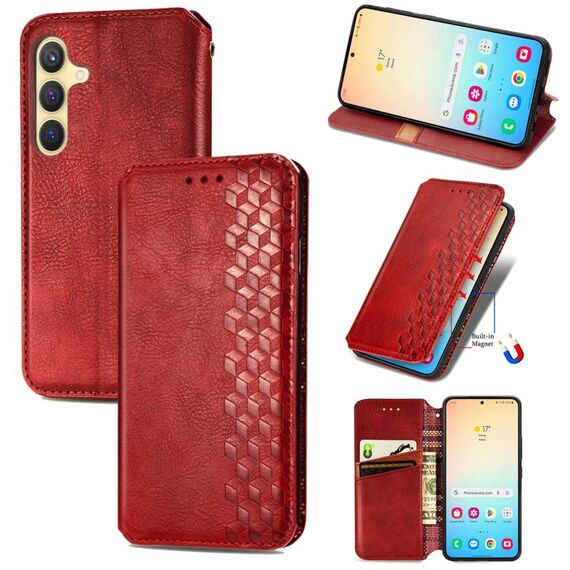 Custodia per telefono in pelle magnetica pressata a griglia cubica per Samsung Galaxy S24+ 5G (rossa)