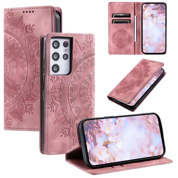 Custodia per telefono in pelle magnetica goffrata totem per Samsung Galaxy S21 Ultra 5G (oro rosa)