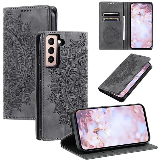 Custodia per telefono in pelle magnetica goffrata Totem per Samsung Galaxy S22+ 5G (grigio)