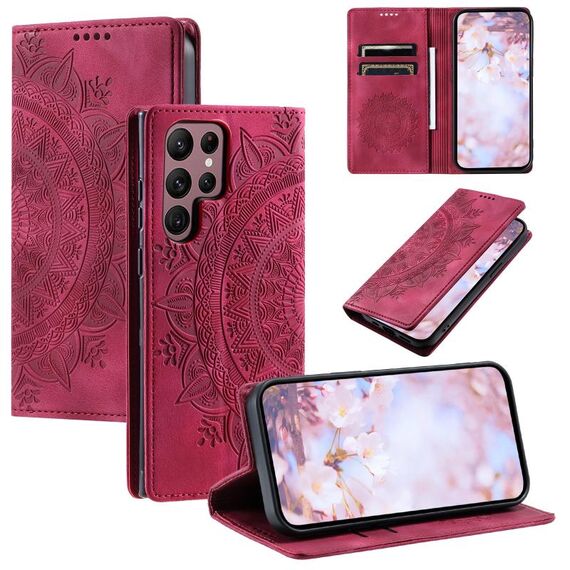 Custodia per telefono in pelle magnetica goffrata Totem per Samsung Galaxy S22 Ultra 5G (rossa)